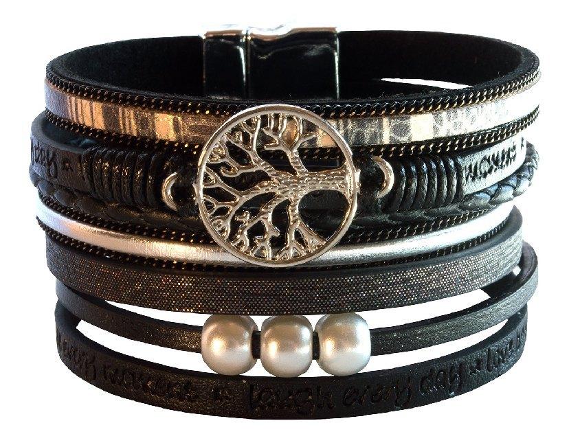 Armband \"Baum des Lebens\" Kunstleder schwarz, Metall silberfarben