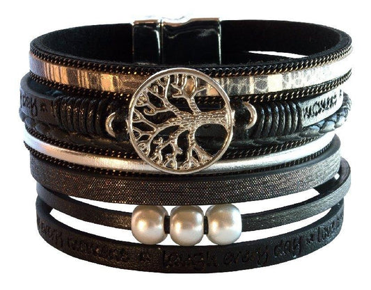 Armband \"Baum des Lebens\" Kunstleder schwarz, Metall silberfarben