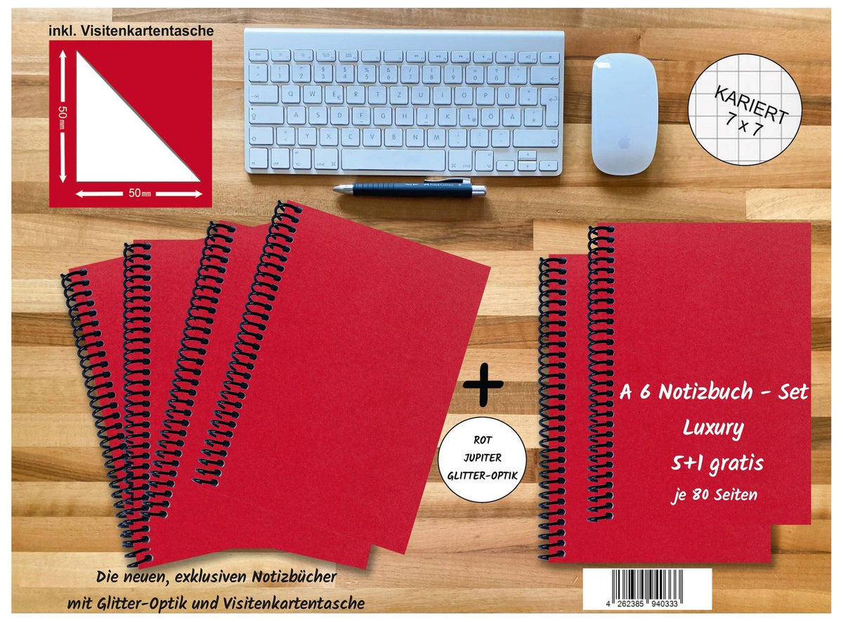 A 6 Notizbuch - Set, 4+2 gratis, Luxury 80 Seiten ROT JUPITER GLITTER-OPTIK, kariert 7x7mm