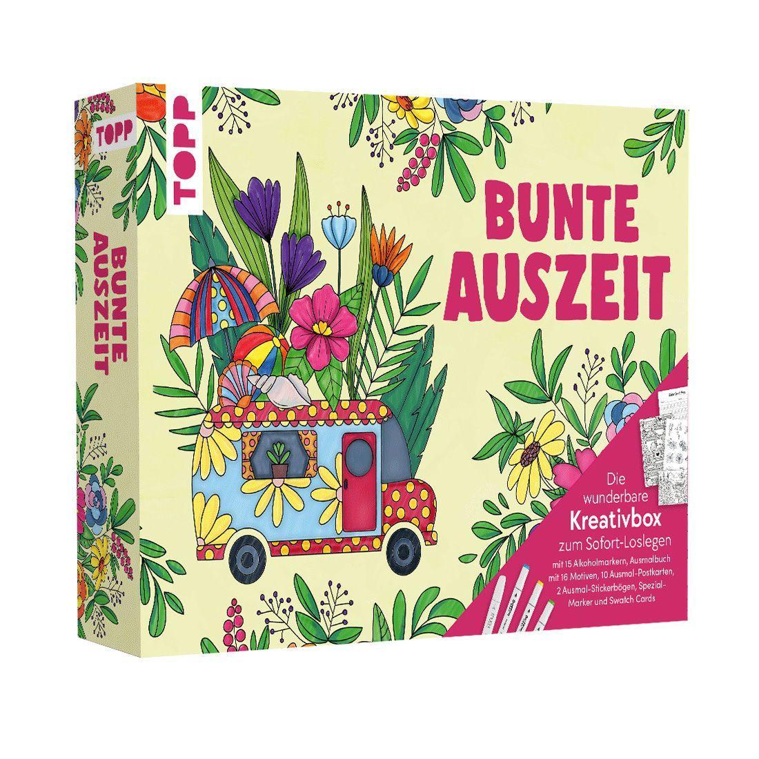 Bunte Auszeit - Die wunderbare Kreativbox. Ausmalset mit Markern