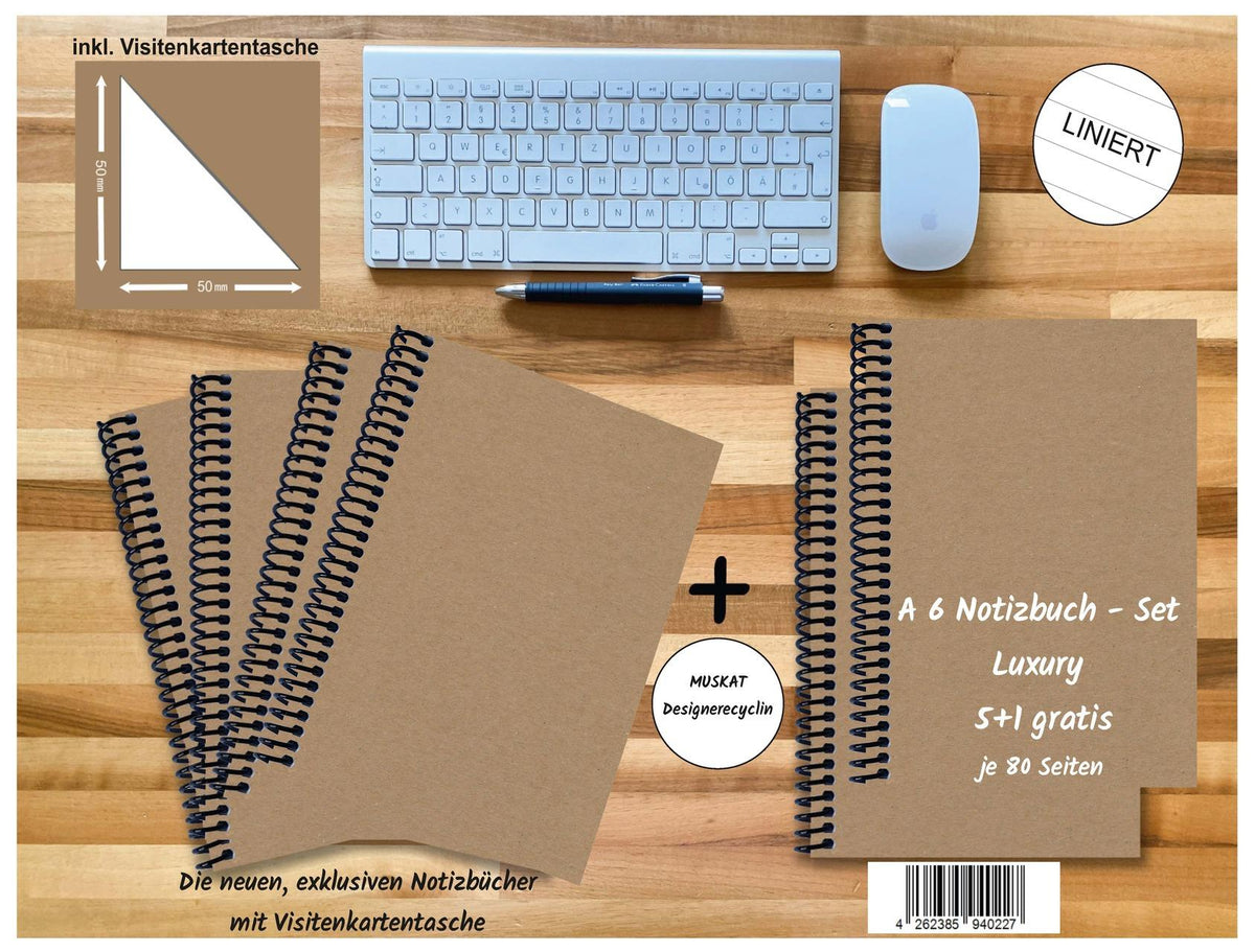 A 6 Notizbuch - Set, 4+2 gratis, Luxury 80 Seiten MUSKAT Designerecycling, liniert