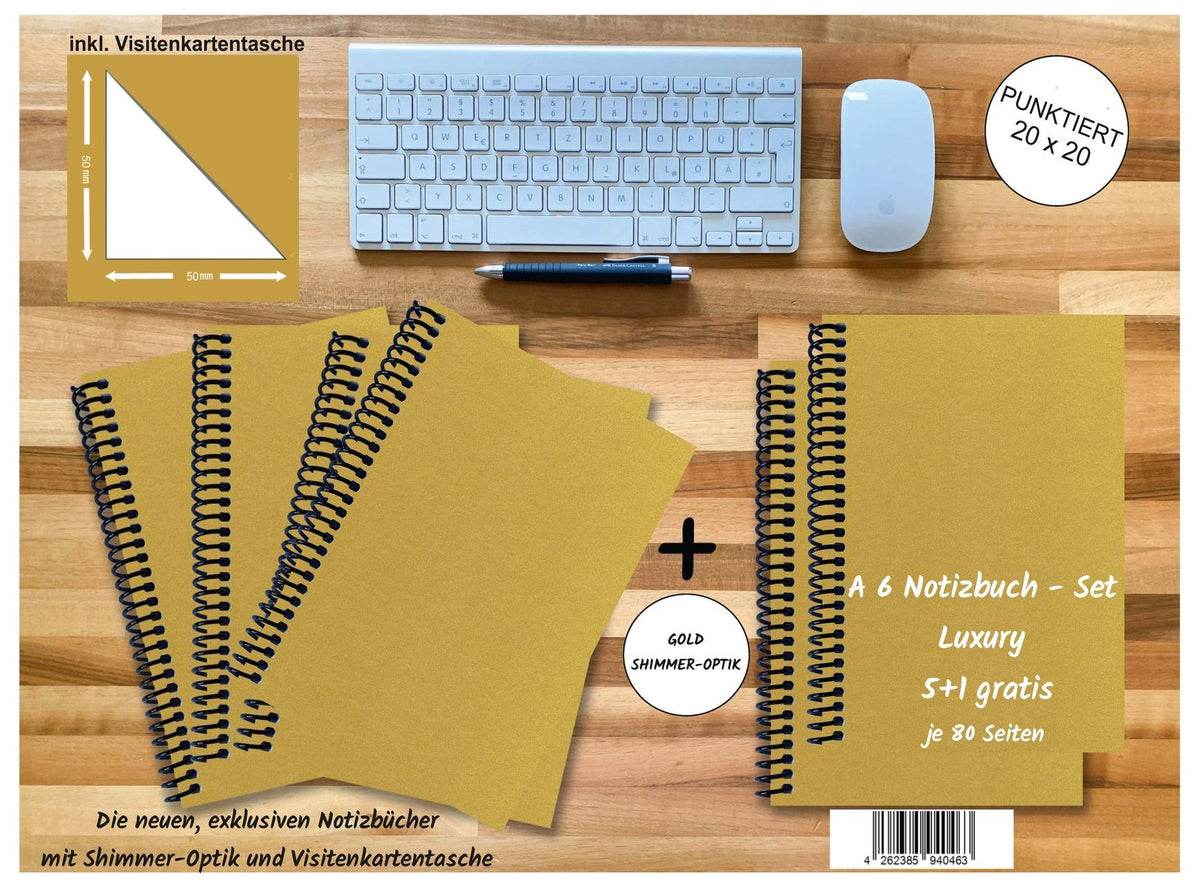 A 6 Notizbuch - Set, 4+2 gratis, Luxury 80 Seiten GOLD GMUND SHIMMER, punktiert 20x20mm