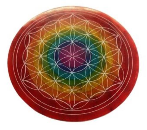 Räucherstäbchenhalter \"Blume des Lebens rainbow\" Speckstein graviert 10 cm
