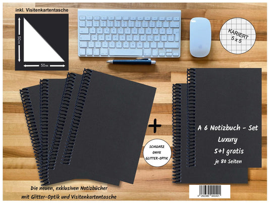 A 6 Notizbuch - Set, 4+2 gratis, Luxury 80 Seiten SCHWARZ ONYX GLITTER-OPTIK, kariert 5x5mm