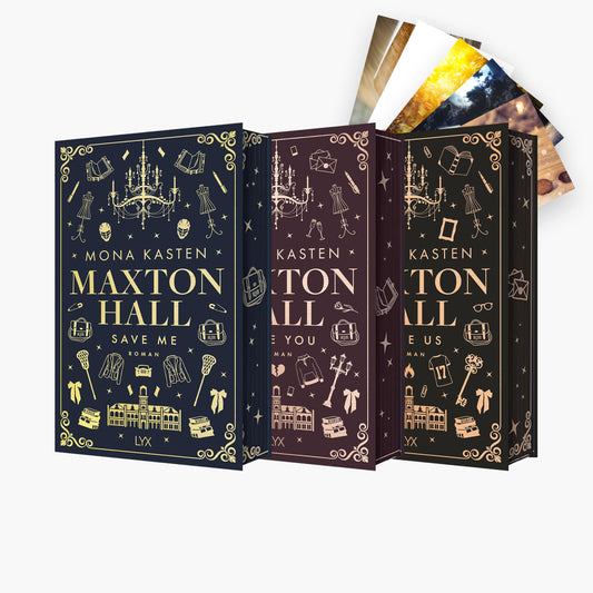 Die Maxton Hall-Reihe von Mona Kasten - Farschnitt-Edition Band 1-3 bei Buchserien.de mit exklusivem Postkartenset
