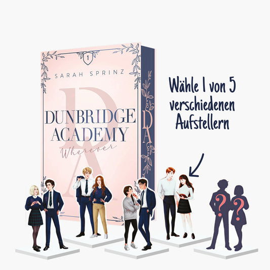 Band 1 Wherever der Dunbridge Academy 2.0-Reihe von Sarah Sprinz – Übersicht der fünf Acrylaussteller-Varianten bei Buchserien.de