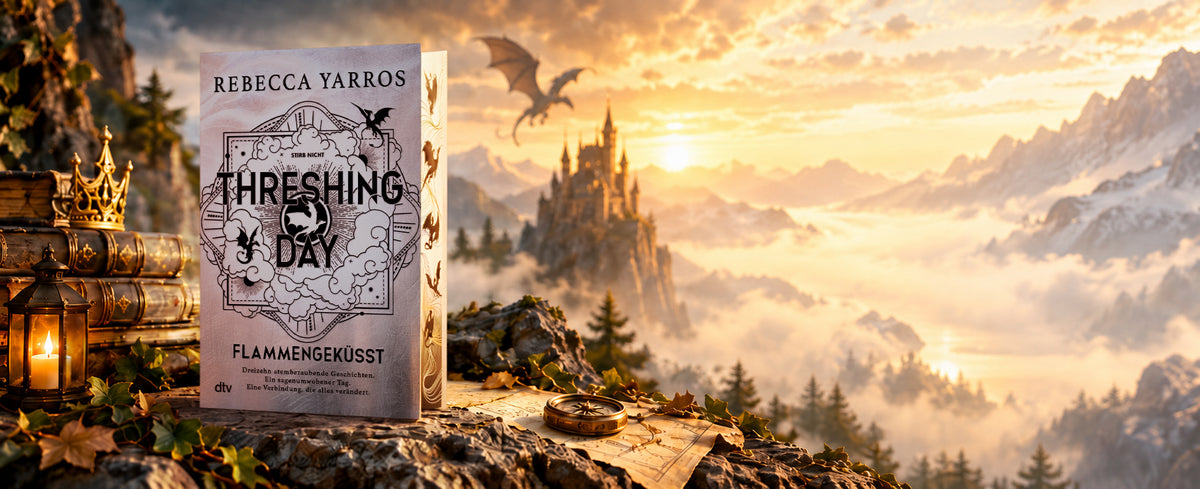 Buch „Threshing Day“ von Rebecca Yarros vor einer Fantasy-Burglandschaft