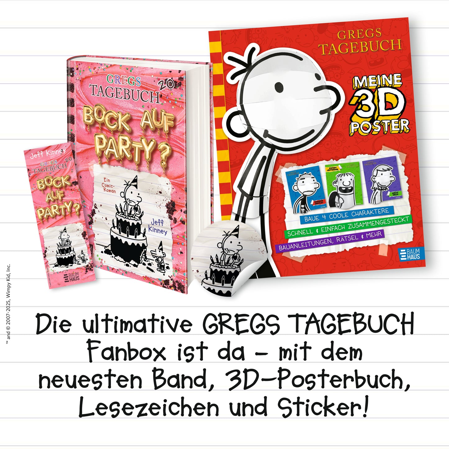 Cover des Kinderbuchs Gregs Tagebuch – Bock auf Party von Jeff Kinney, lustiges Buch aus der beliebten Reihe Gregs Tagebuch mit 3D-Poster, Lesezeichen und Stickern, erhältlich bei Buchserien.de.