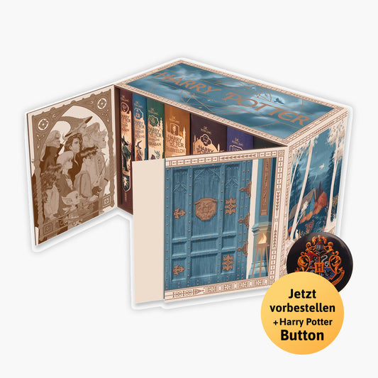 Harry Potter Schuber Neuausgabe Band 1–7 Hardcover von J. K. Rowling mit Badge Pack – Frontansicht
