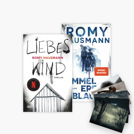 Thriller-Set: Liebes Kind und Himmelerdenblau von Romy Hausmann mit exklusivem Postkartenset bei Buchserien.de 