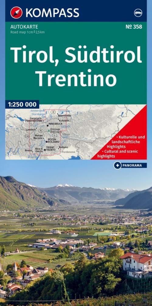 KOMPASS Autokarte Tirol, Südtirol, Trentino/Tirolo, Alto Adige, Trentino 1:250.000