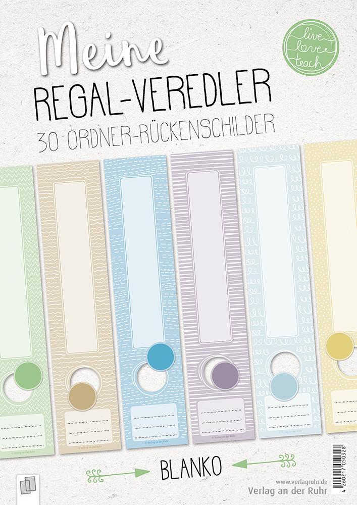 Meine Regal-Veredler \"live - love - teach\": 30 Ordner-Rückenschilder - alle Fächer - blanko