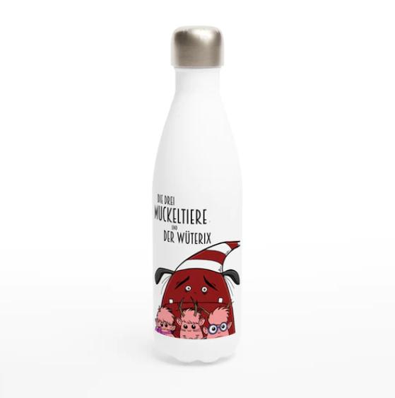 Weiße Edelstahl-Wasserflasche \" Die drei Muckeltiere & der Wüterix\"