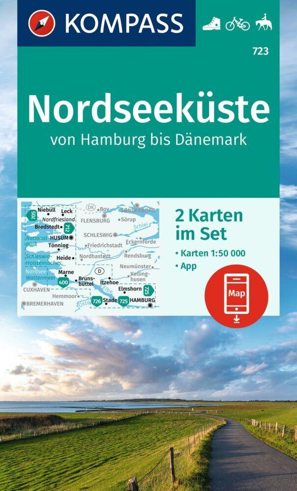 KOMPASS Wanderkarten-Set 723 Nordseeküste von Hamburg bis Dänemark (2 Karten) 1:50.000