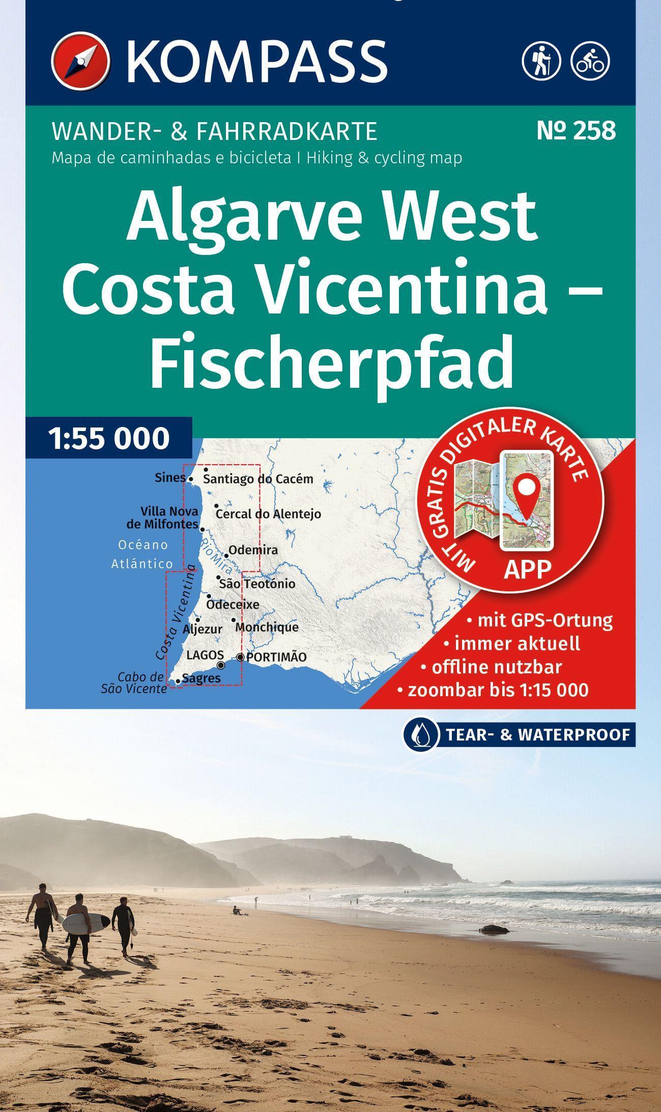 KOMPASS Wanderkarte 258 Algarve West, Costa Vicentina - Fischerpfad 1:55.000