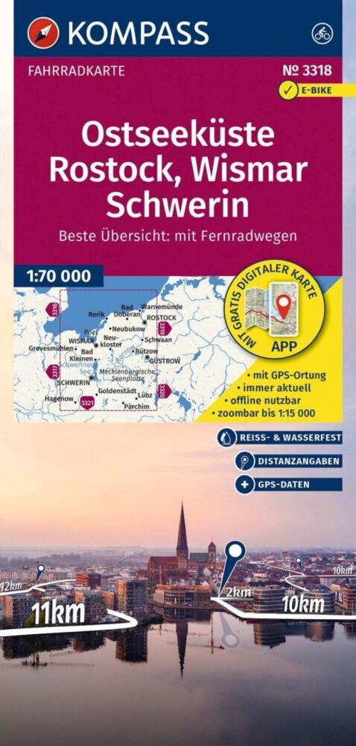 KOMPASS Fahrradkarte 3318 Ostseeküste, Rostock, Wismar, Schwerin 1:70.000