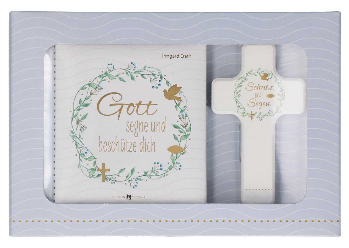 Buchcover: Butzon & Bercker Geschenkset zur Taufe 15 x 22 x 2 cm - Holzkreuz aus Buchenholz weiß lackiert mit Taufspruch, gebundenes Buch 11 x 11 cm, Lieferung in Geschenkverpackung