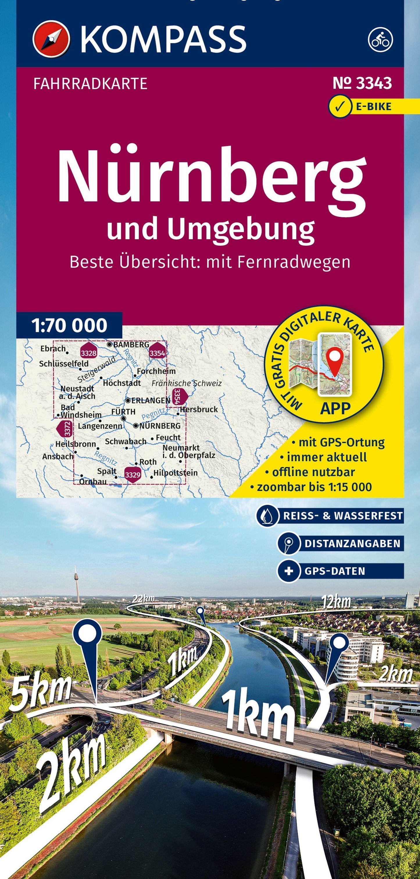 KOMPASS Fahrradkarte 3343 Nürnberg und Umgebung 1:70.000