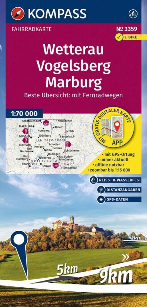 KOMPASS Fahrradkarte 3359 Wetterau, Vogelsberg, Marburg 1:70.000