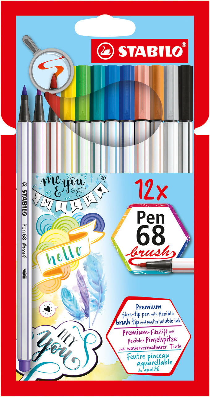 Premium-Filzstift mit Pinselspitze für variable Strichstärken - STABILO Pen 68 brush - 12er Pack - mit 12 verschiedenen Farben