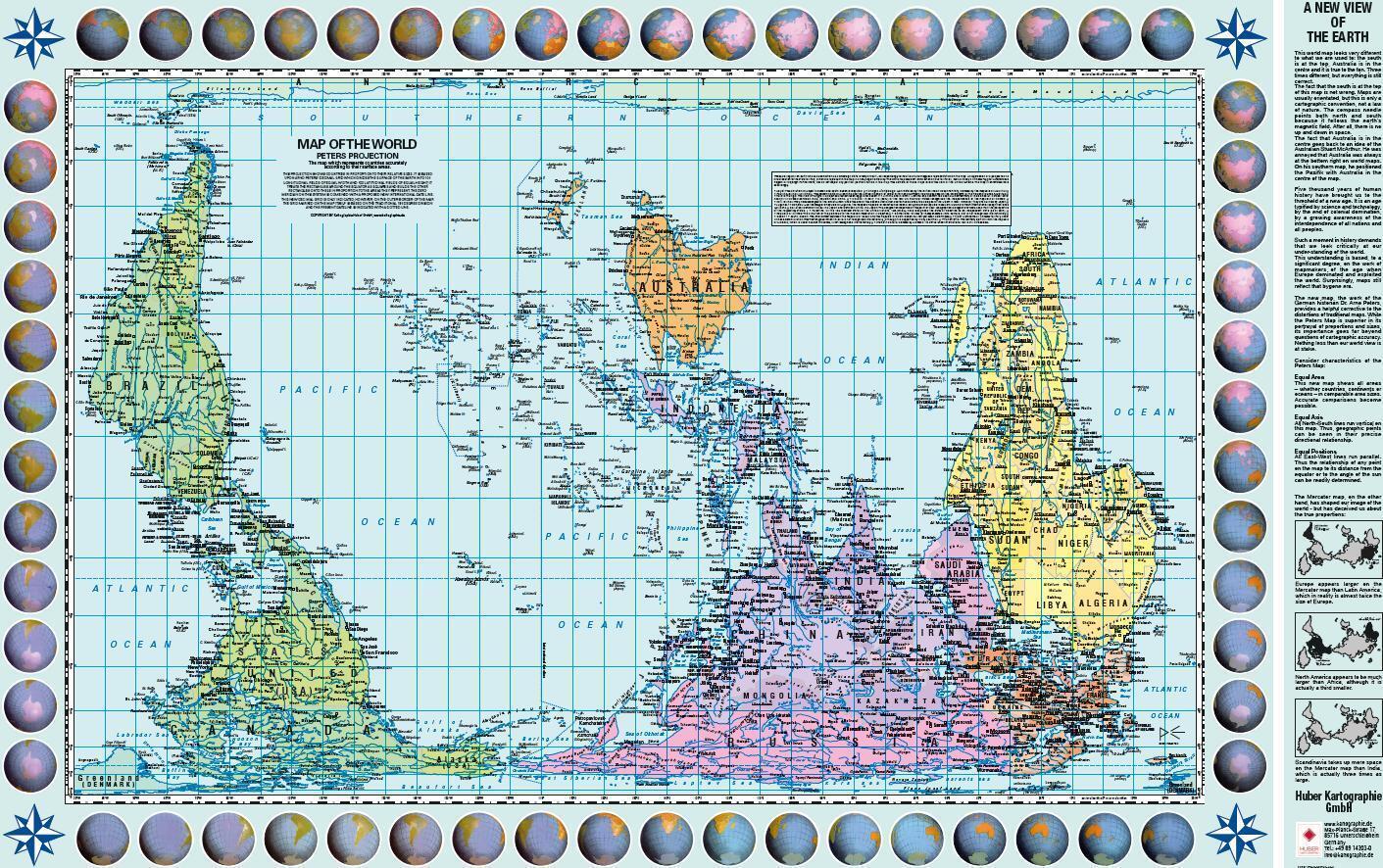 Poster Weltkarte Petersprojektion, Up-side down englisch (ca. 82,5 x 52,3 cm)