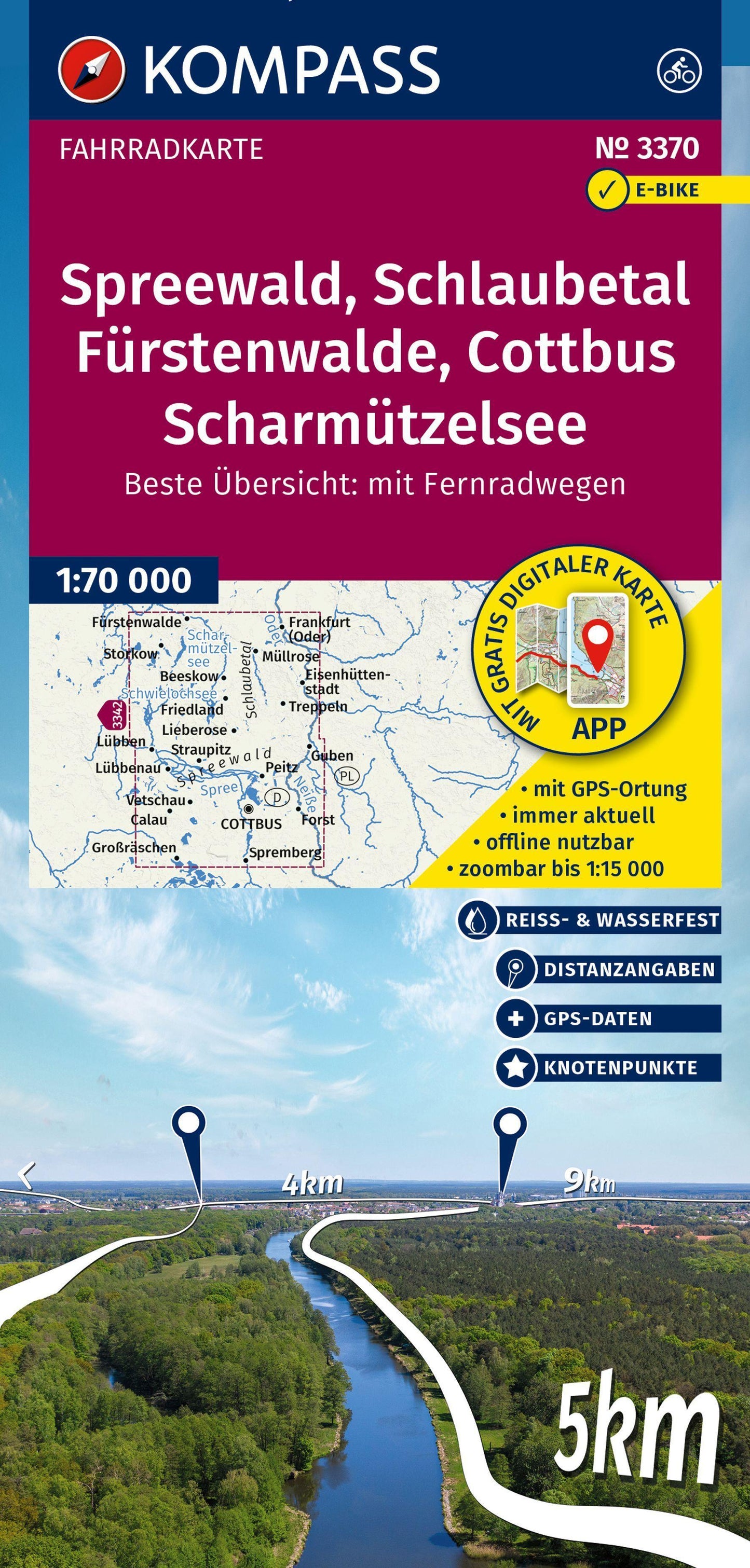 KOMPASS Fahrradkarte 3370 Spreewald, Schlaubetal, Fürstenwalde, Cottbus, Scharmützelsee mit Knotenpunkten 1:70.000