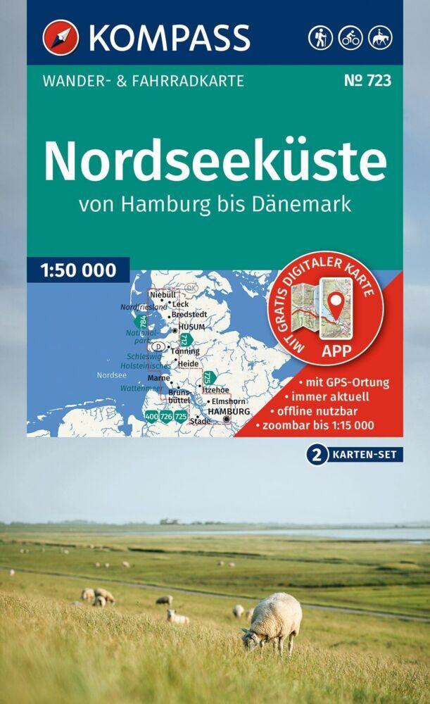 KOMPASS Wanderkarten-Set 723 Nordseeküste von Hamburg bis Dänemark (2 Karten) 1:50.000