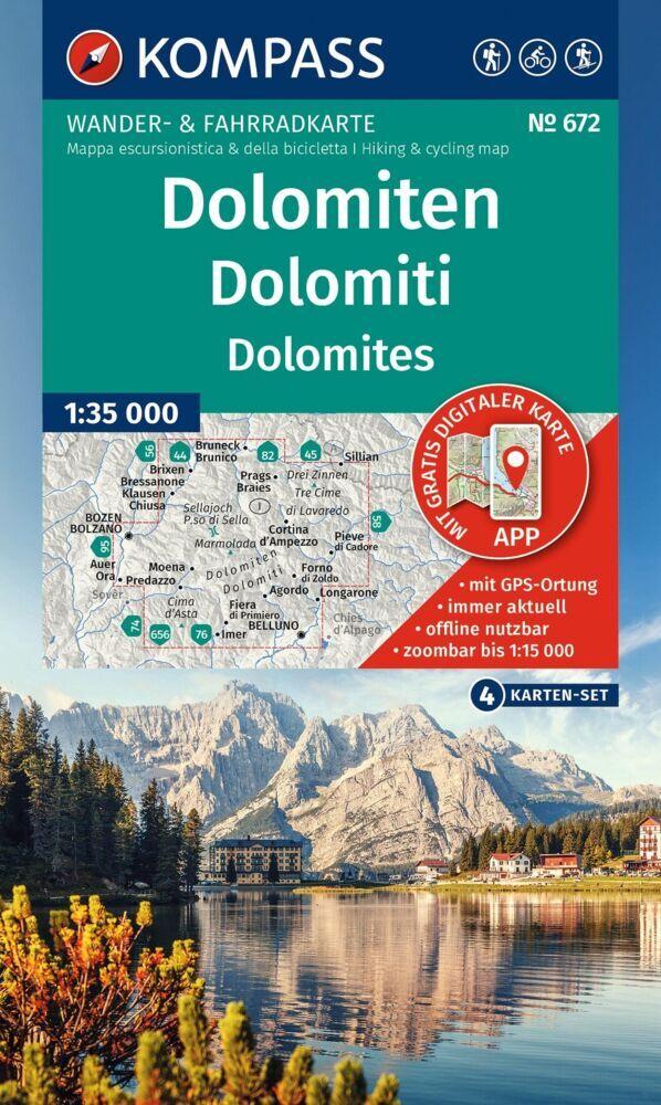 KOMPASS Wanderkarten-Set 672 Dolomiten, Dolomiti, Dolomites (4 Karten) 1:35.000