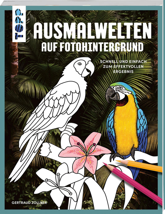 Buchcover: Ausmalwelten auf Fotohintergrund