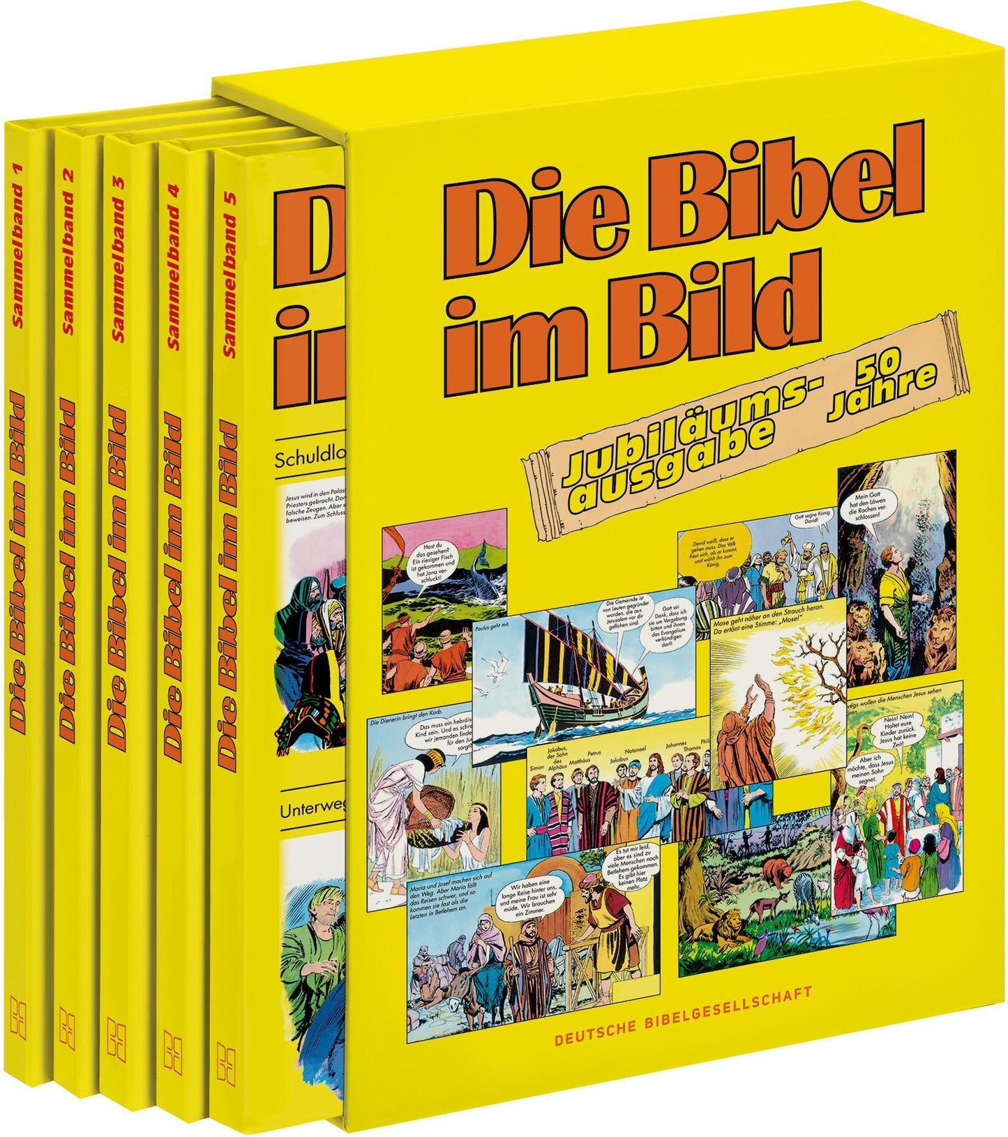 Comic-Reihe \"Die Bibel im Bild\". 50 Jahre-Jubiläumsausgabe. Kinderbuch-Klassiker ab 8 Jahren mit Geschichten aus dem Alten und Neuen Testament als Comics. 5 Sammelbände im Schuber