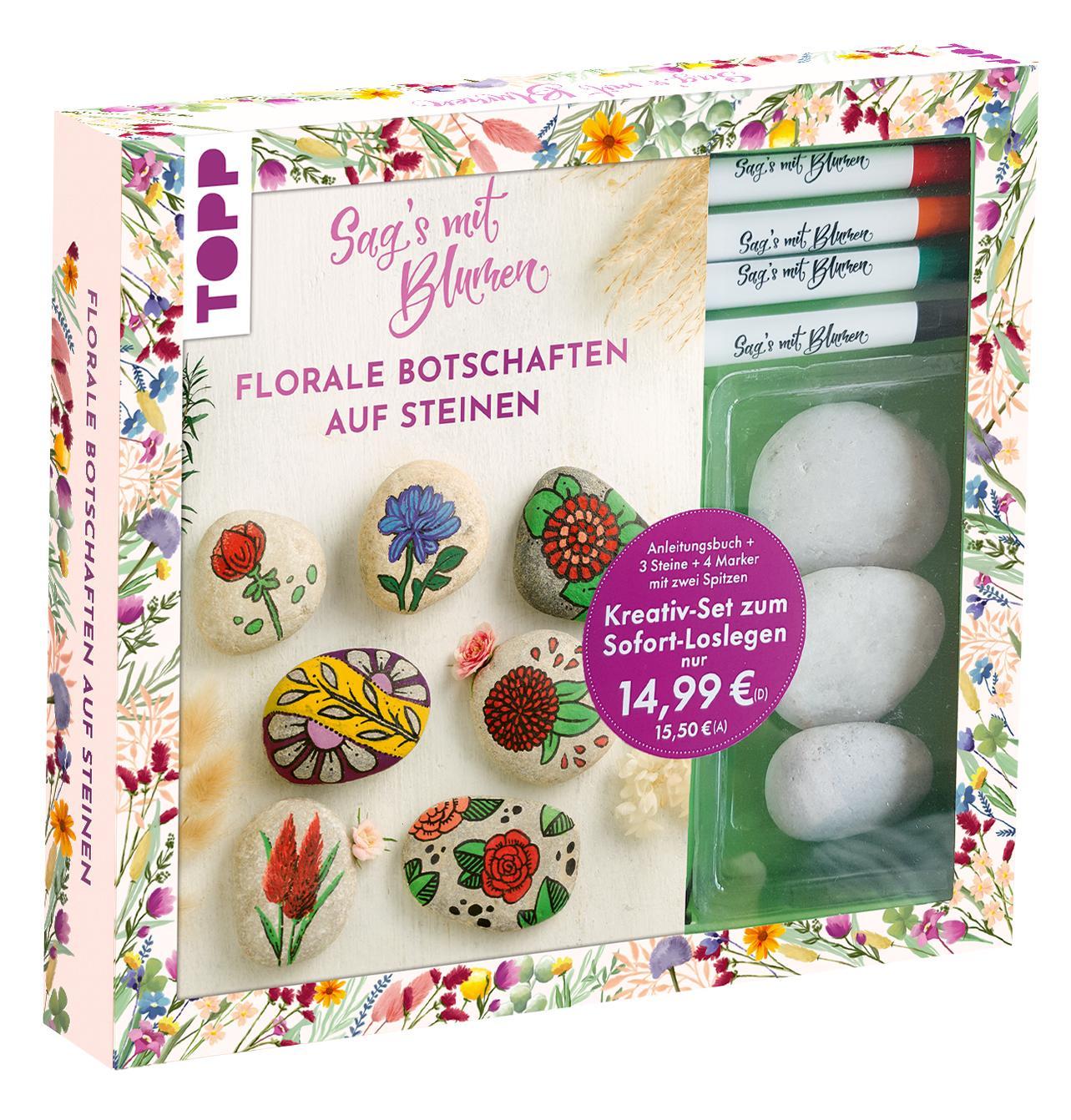Buchcover: Kreativ-Set: Sag's mit Blumen - Florale Botschaften auf Steinen. Mit Anleitungsbuch und Material