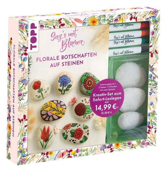 Buchcover: Kreativ-Set: Sag's mit Blumen - Florale Botschaften auf Steinen. Mit Anleitungsbuch und Material