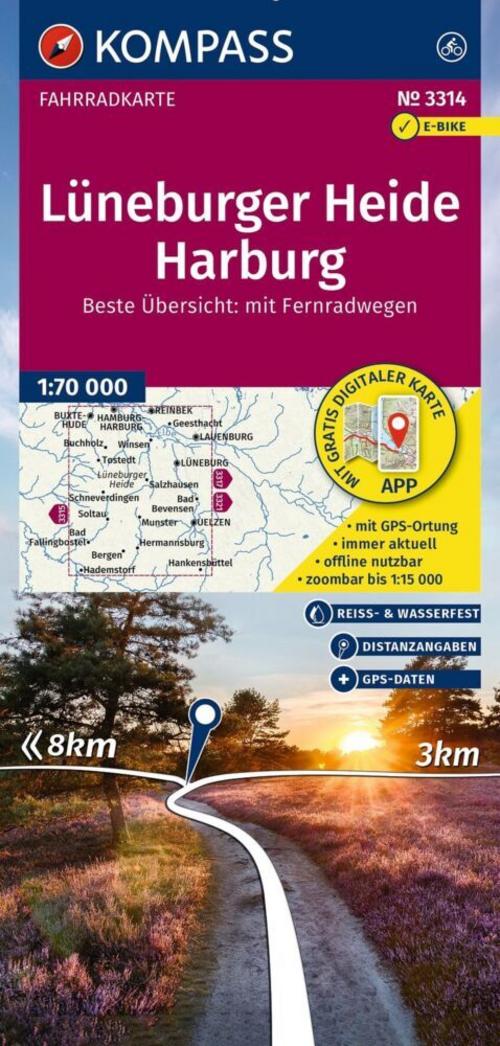 KOMPASS Fahrradkarte 3314 Lüneburger Heide, Harburg 1:70.000