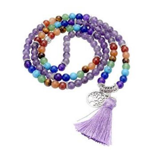 Mala \"Chakra Lebensbaum\" 108 Amethyst- und Chakra Edelsteine mit Metall Anhänger