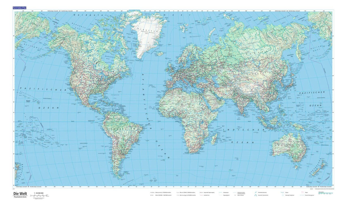 Weltkarte physikalisch 1:50 Mio. Poster Plano gerollt in Röhre 87,5 x 51 cm
