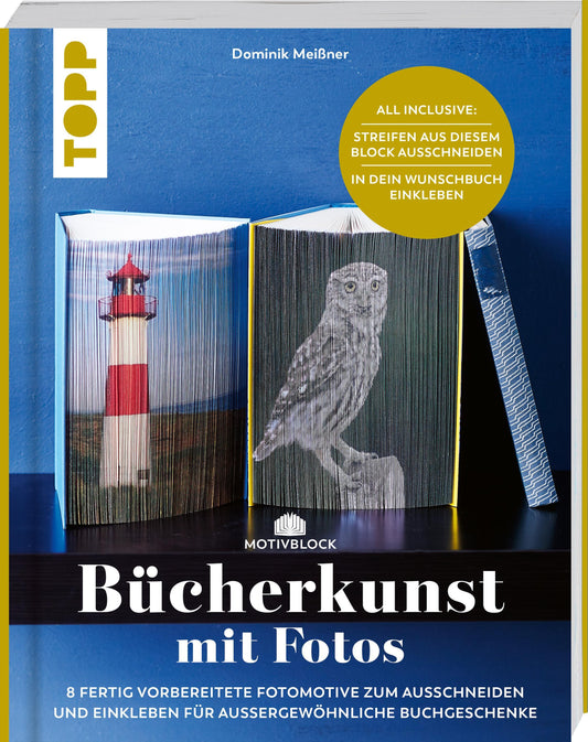 Motivblock - Bücherkunst mit Fotos. In Streifen geschnittene Fotos in ein Buch geklebt ergeben ein beeindruckendes Bild