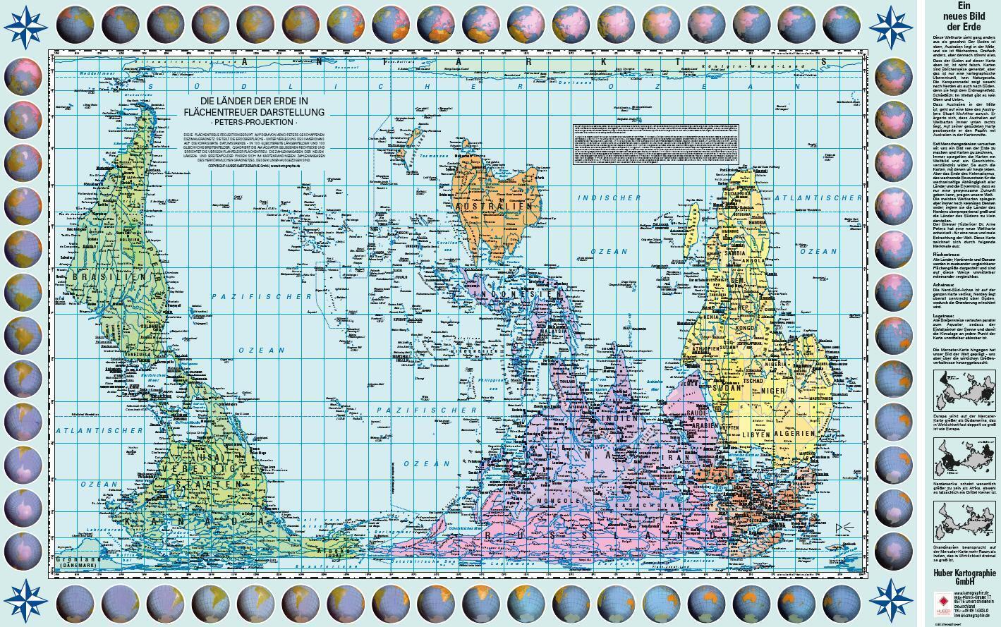 Poster Weltkarte Petersprojektion, Up-side down deutsch (ca. 82,5 x 52,3 cm)