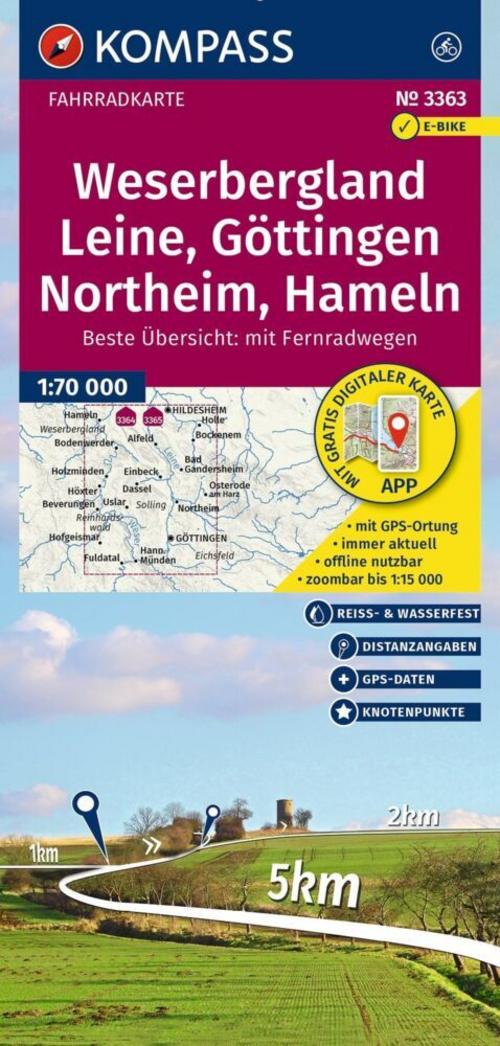 KOMPASS Fahrradkarte 3363 Weserbergland, Leine, Göttingen, Northeim, Hameln mit Knotenpunkten 1:70.000