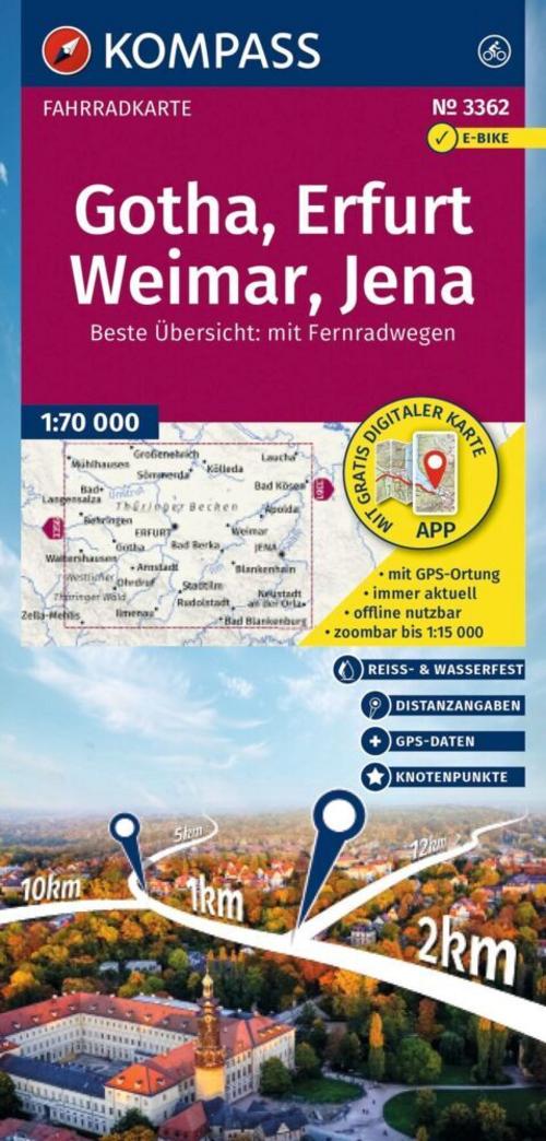 KOMPASS Fahrradkarte 3362 Gotha, Erfurt, Weimar, Jena 1:70.000