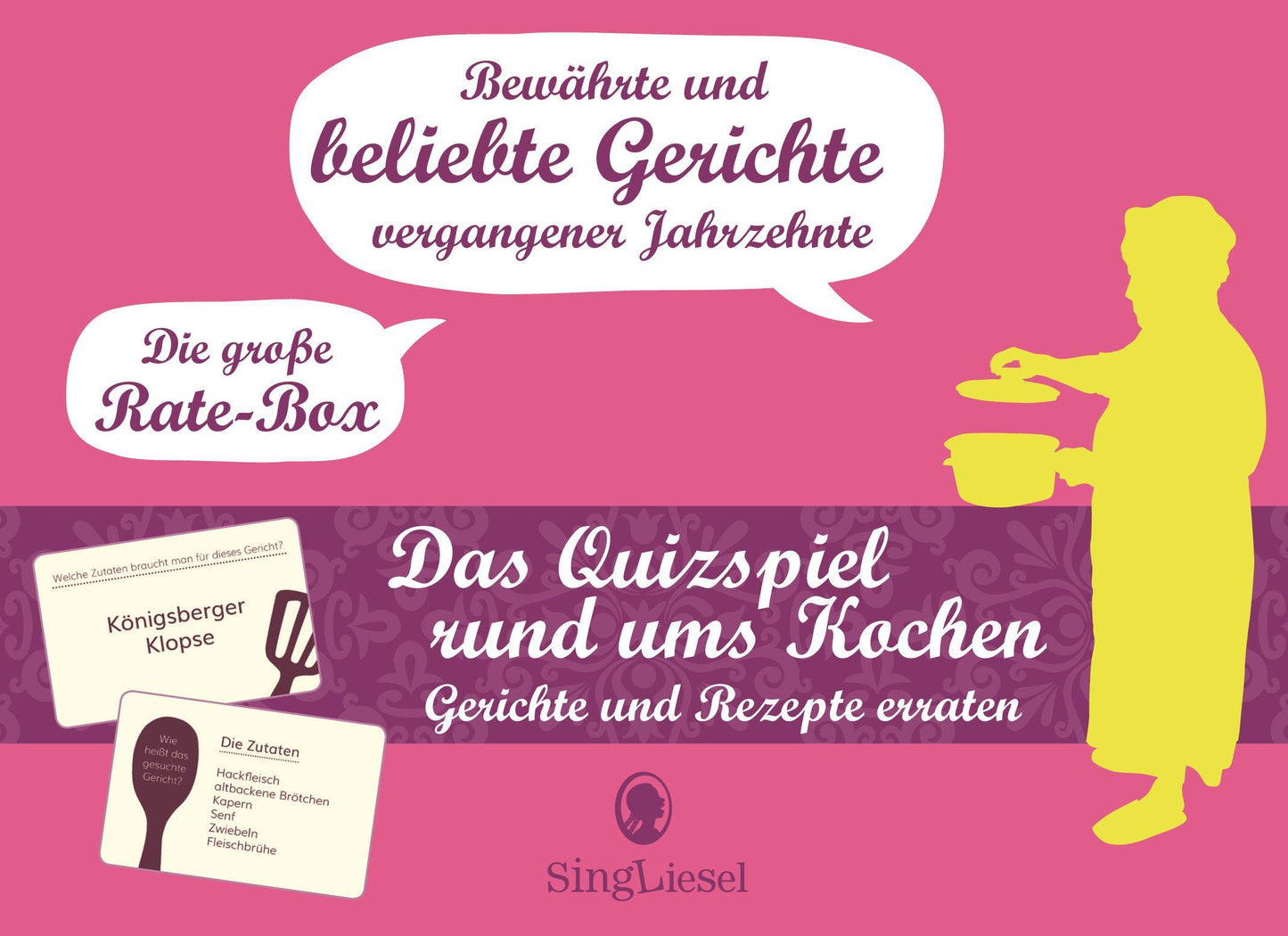 Die große Quiz-Spiel rund ums Kochen für Senioren. Das Spiel rund um bekannte Gerichte früherer Tage für Senioren. Auch mit Demenz. Spiele Box mit 100 Karten.
