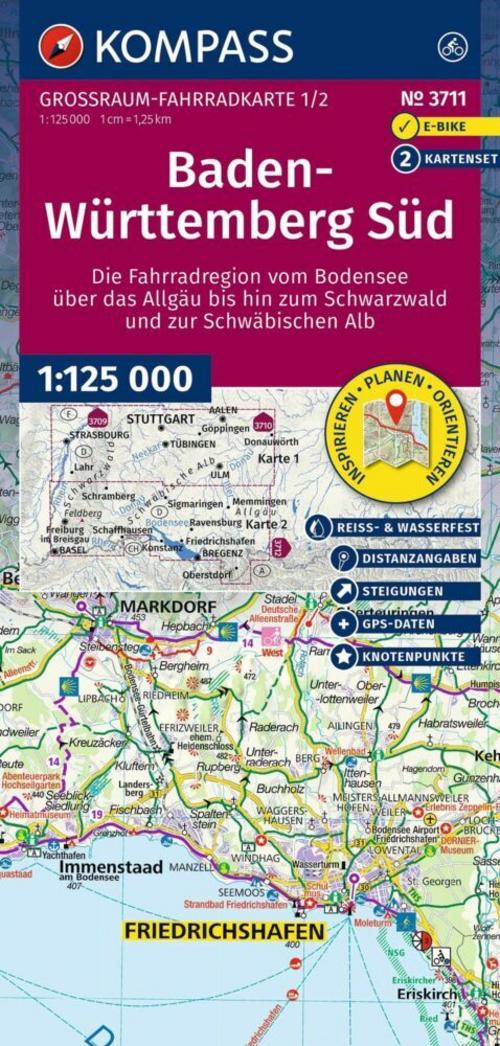 KOMPASS Großraum Fahrradkarte 3711 Baden-Württemberg Süd, die Fahrradregion vom Bodensee über das Allgäu bis zum Schwarzwald und der Schwäbischen Alb; mit Knotenpunkten 1:125.000