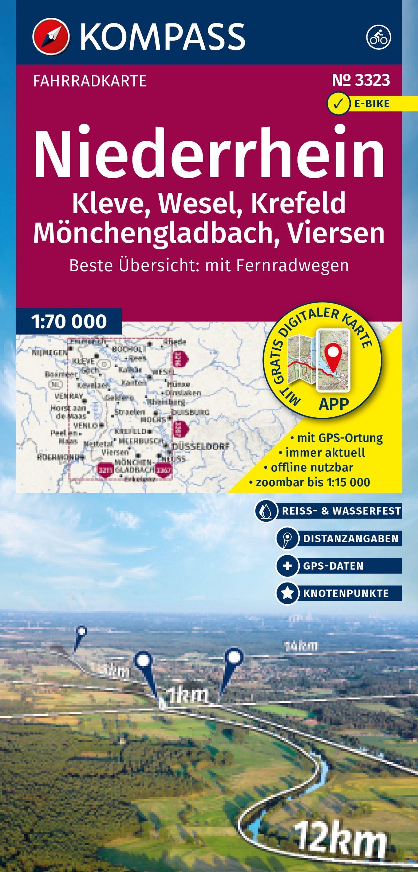KOMPASS Fahrradkarte 3323 Niederrhein, Kleve, Wesel, Krefeld, Mönchengladbach, Viersen mit Knotenpunkten 1:70.000