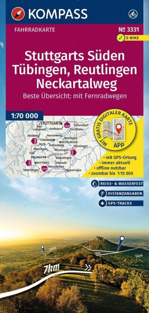 KOMPASS Fahrradkarte 3331 Stuttgarts Süden, Tübingen, Reutlingen, Neckartalweg 1:70.000