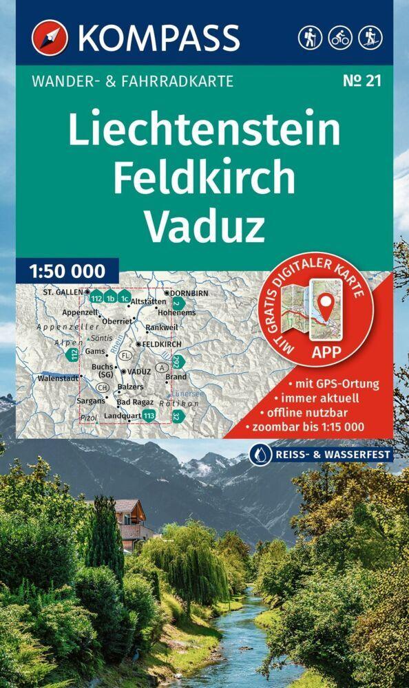KOMPASS Wanderkarte 21 Liechtenstein, Feldkirch, Vaduz 1:50.000