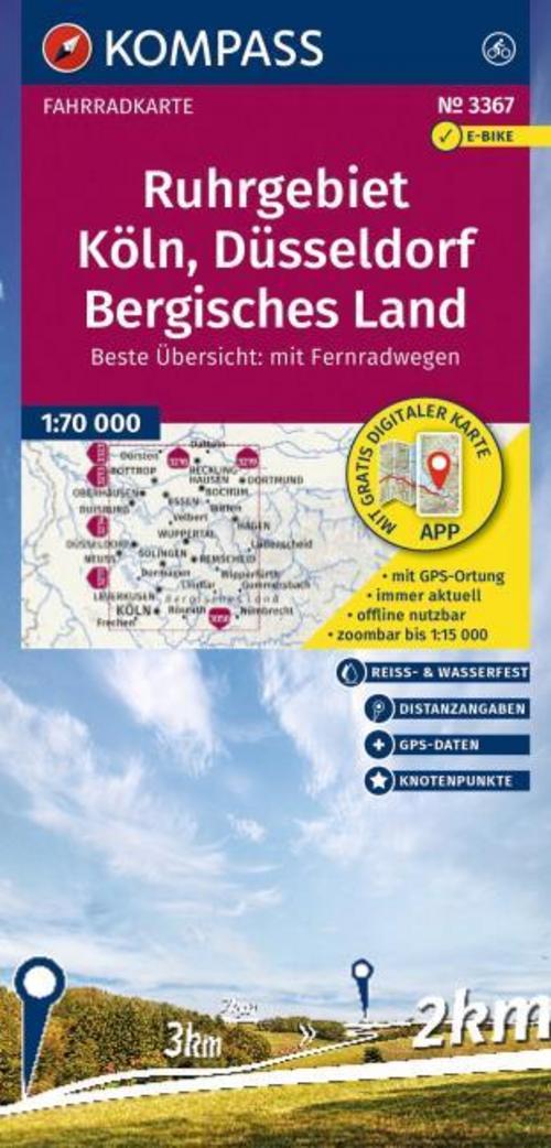 KOMPASS Fahrradkarte 3367 Ruhrgebiet, Köln, Düsseldorf, Bergisches Land mit Knotenpunkten