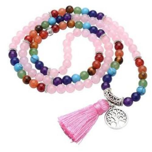 Mala \"Chakra Lebensbaum\" 108 Rosenquarz- und Chakra Edelsteine mit Metall Anhänger