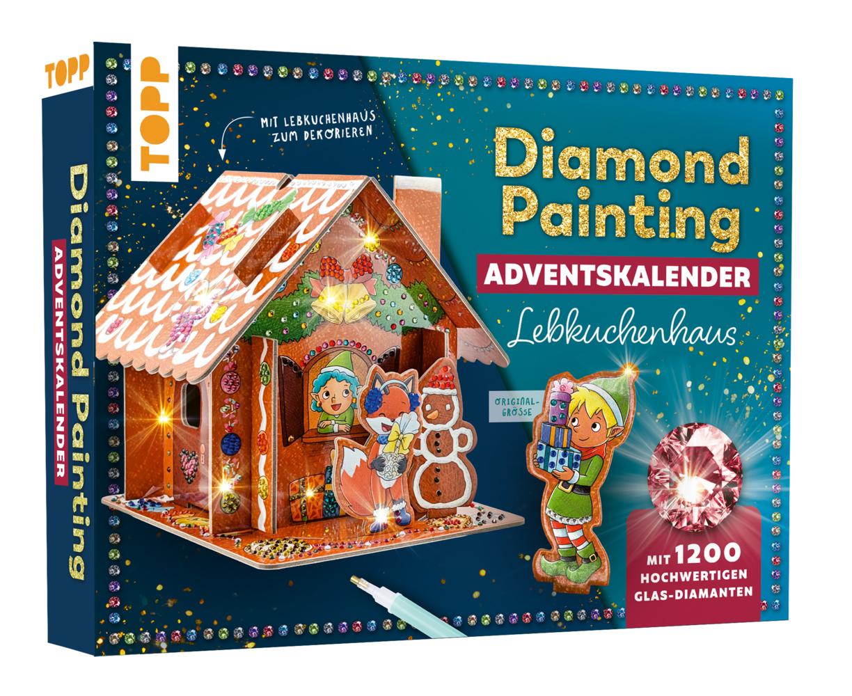 Diamond Painting Adventskalender Lebkuchenhaus. Mit Material und Werkzeug: 3D-Lebkuchenhaus, 1.200 Glas-Diamanten (19 Farben), Diamond Pen, Steinschiffchen, Wachs, Box
