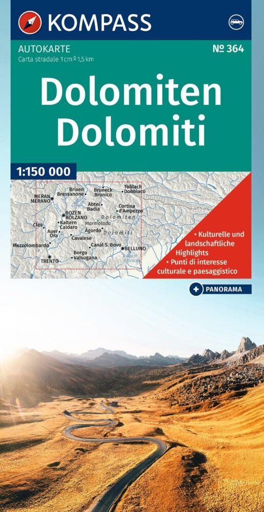 KOMPASS Autokarte und Panoramakarte Dolomiten / Dolomiti / Dolomites 1:150.000