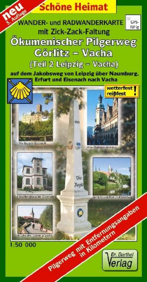 Wander- und Radwanderkarte Ökumenischer Pilgerweg Görlitz-Vacha (Teil 2 Leipzig-Vacha) mit Zick-Zack-Faltung. 1:50000