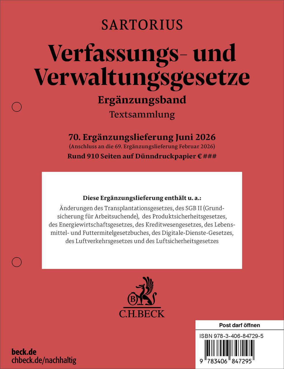 Verfassungs- und Verwaltungsgesetze. Ergänzungsband 70. Ergänzungslieferung